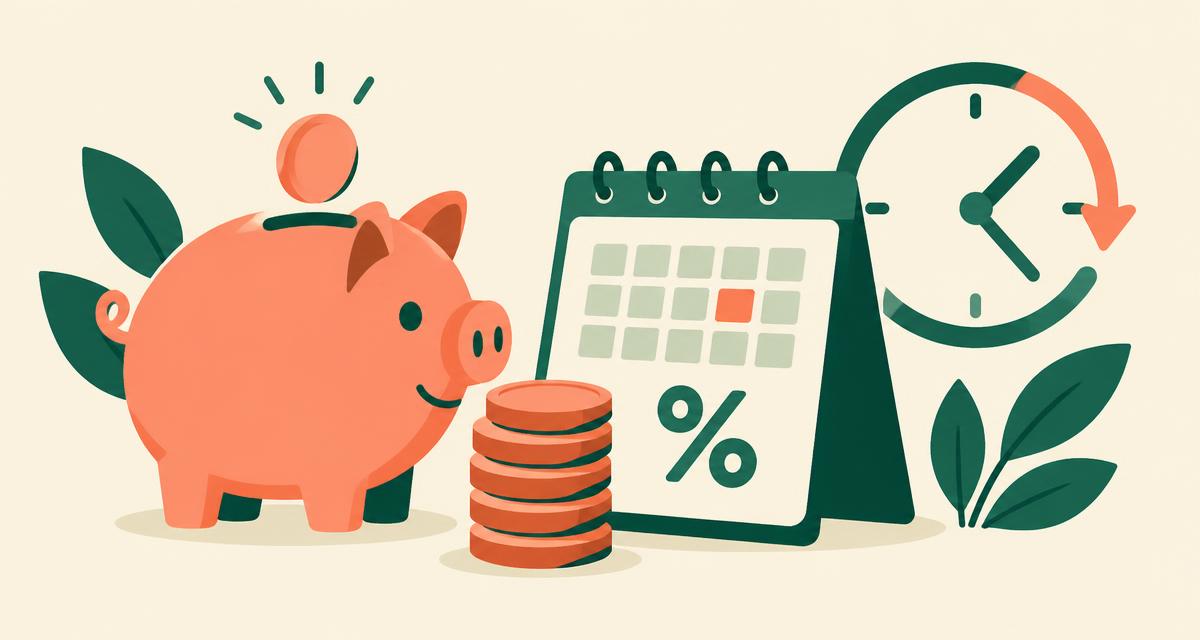 Sparschwein und Münzstapel neben einem Tischkalender mit Prozentzeichen und einer Uhr mit Pfeil als Sinnbild für Kapital, Zinssatz und Laufzeit
